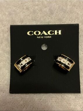 Coach Gold and Black Enamel Logo Hoop Earrings